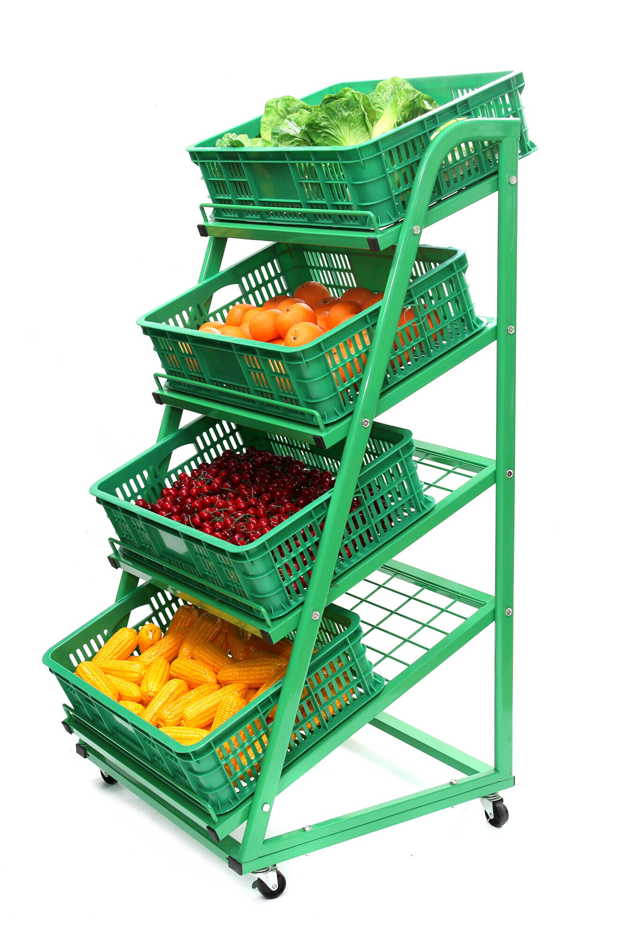4 Tier Green Mobile Fruit & Veg Display 650mm - Store Fittings Direct