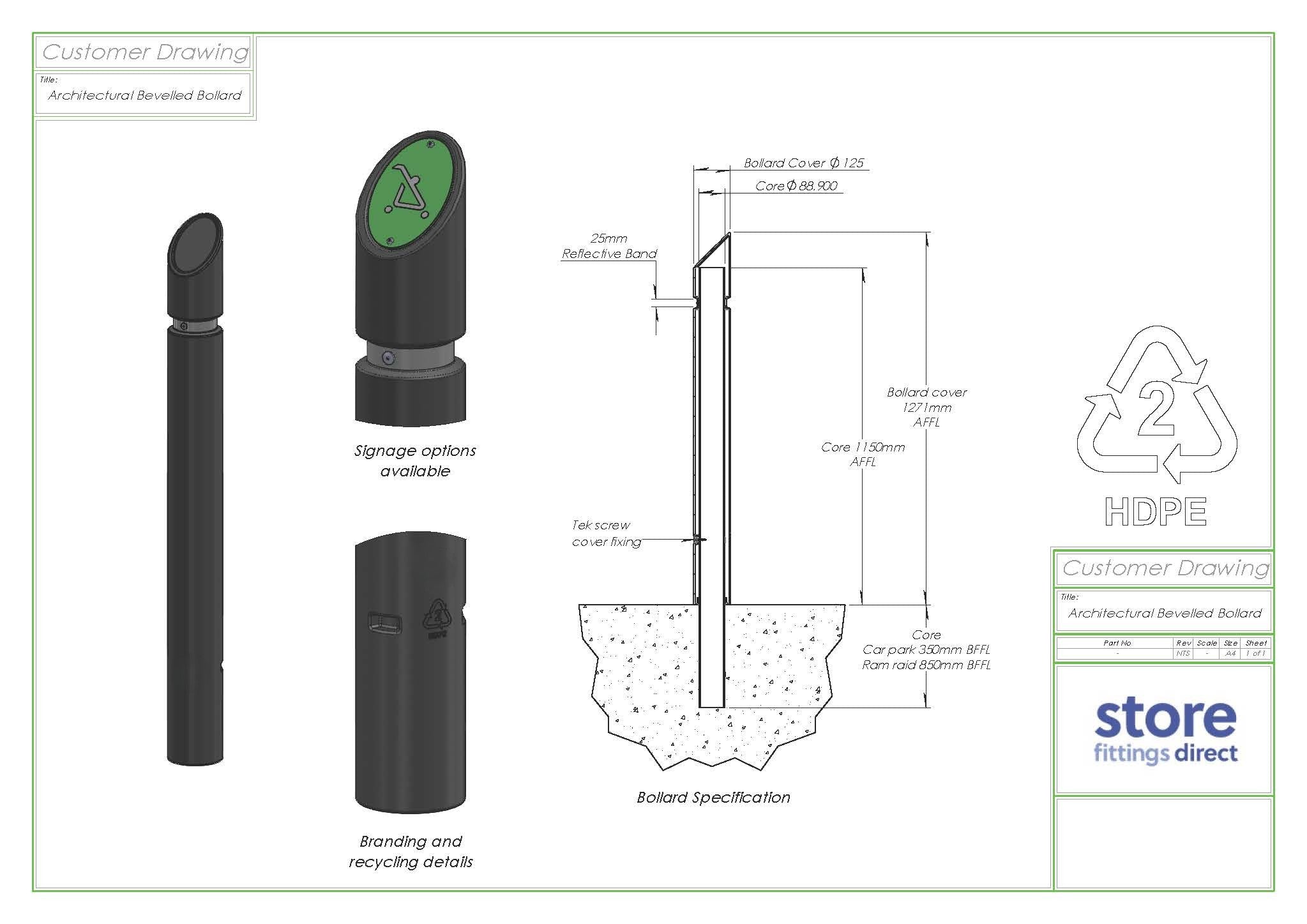 Eco Recycled Plastic Car Park Bollard | Steel Core | Anti-Ram & Root Fixed Options