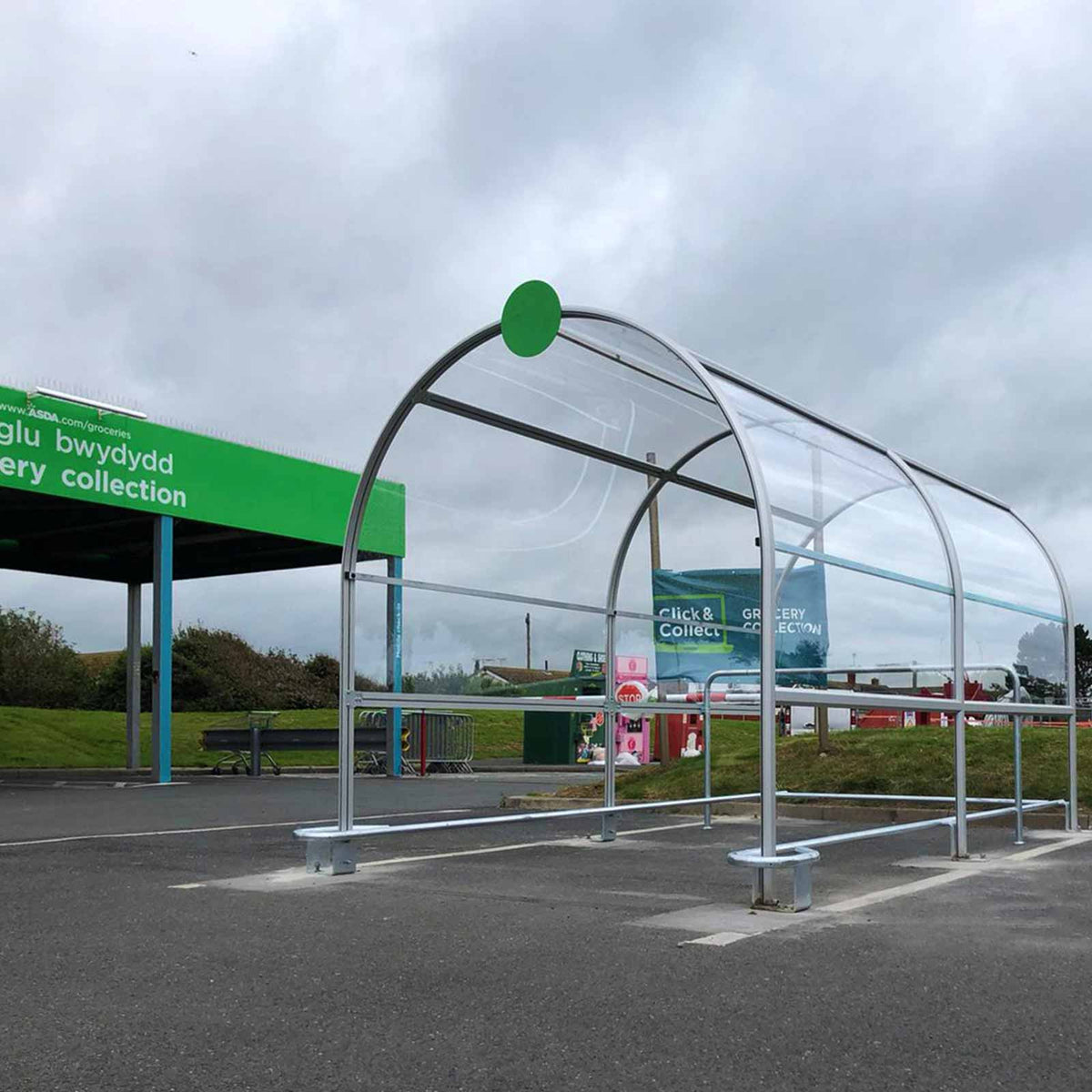 Dalby trolley shelter installed in an ASDA supermarket car park next to the click and collect point