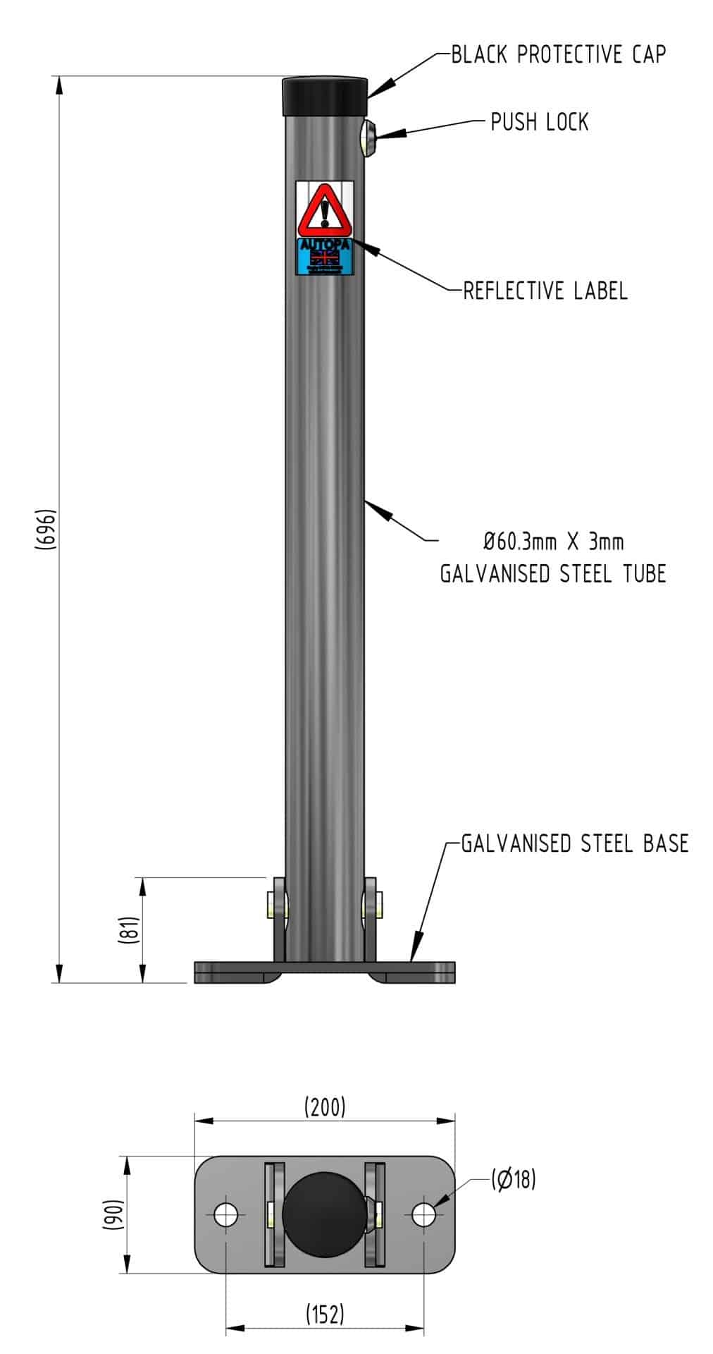 Fold Down Lockable Parking Post - Push Lock