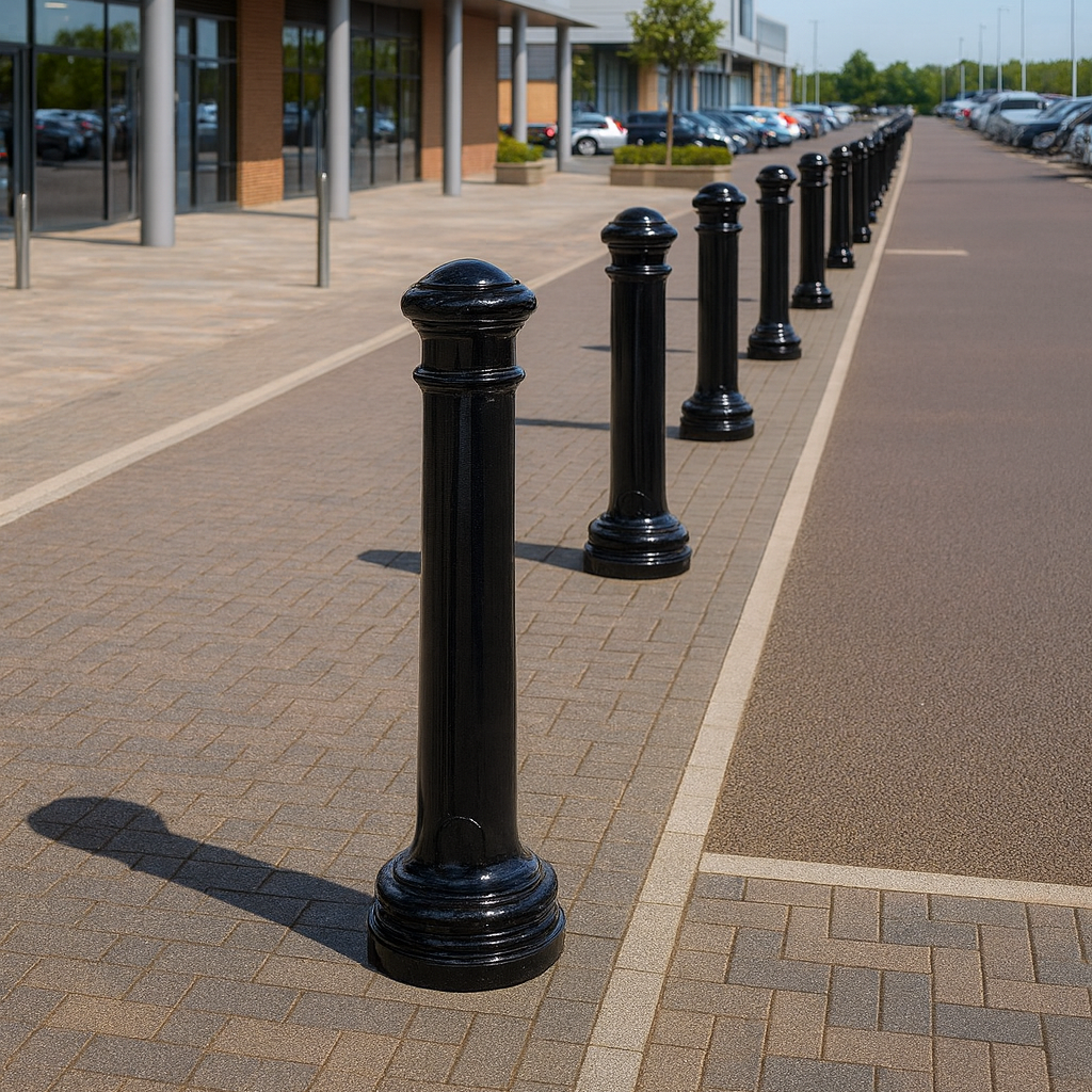 Row of black Cast Iron Manchester bollards in a retail park.