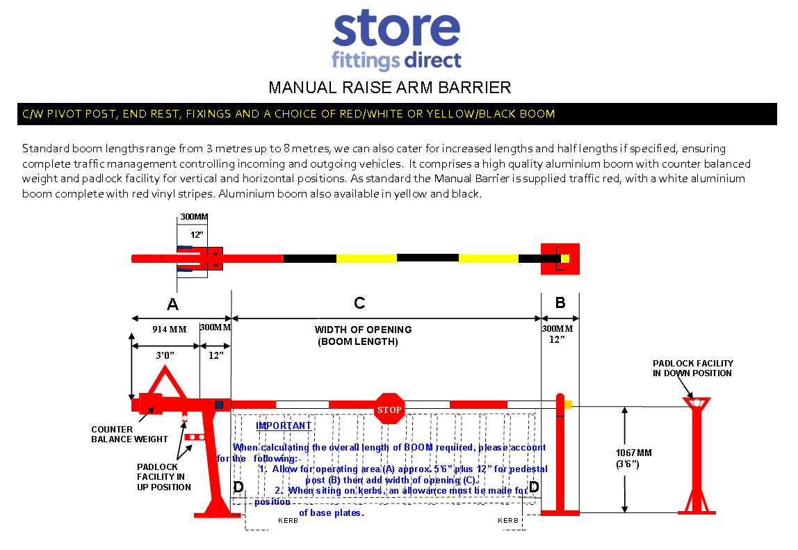 Manual Arm Barrier - Standard Upto 8.0m - Store Fittings Direct