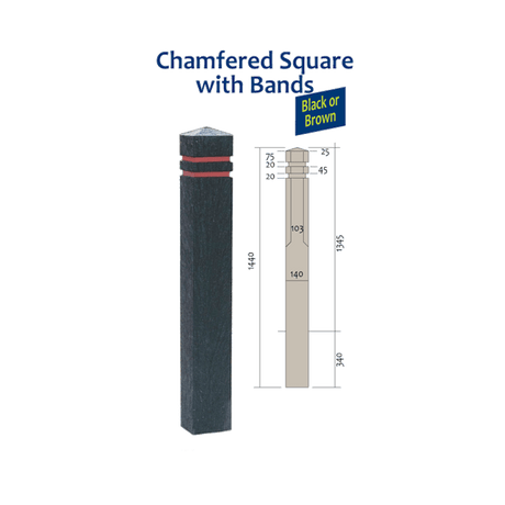 Recycled Plastic Square Bollard with Chamfer Top Banded - Store Fittings Direct