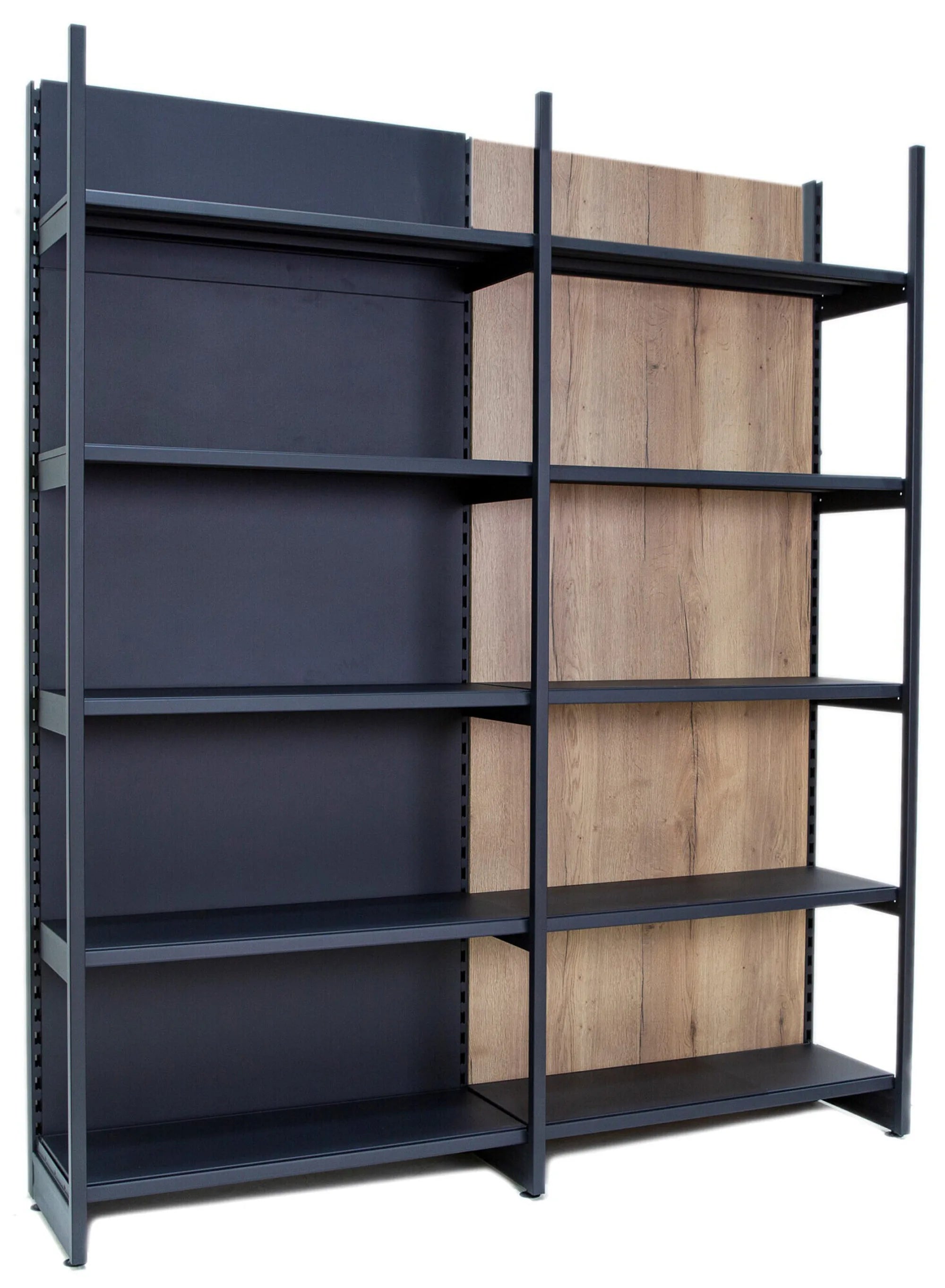 Wooden-backed double posted shelving bay linked into a run