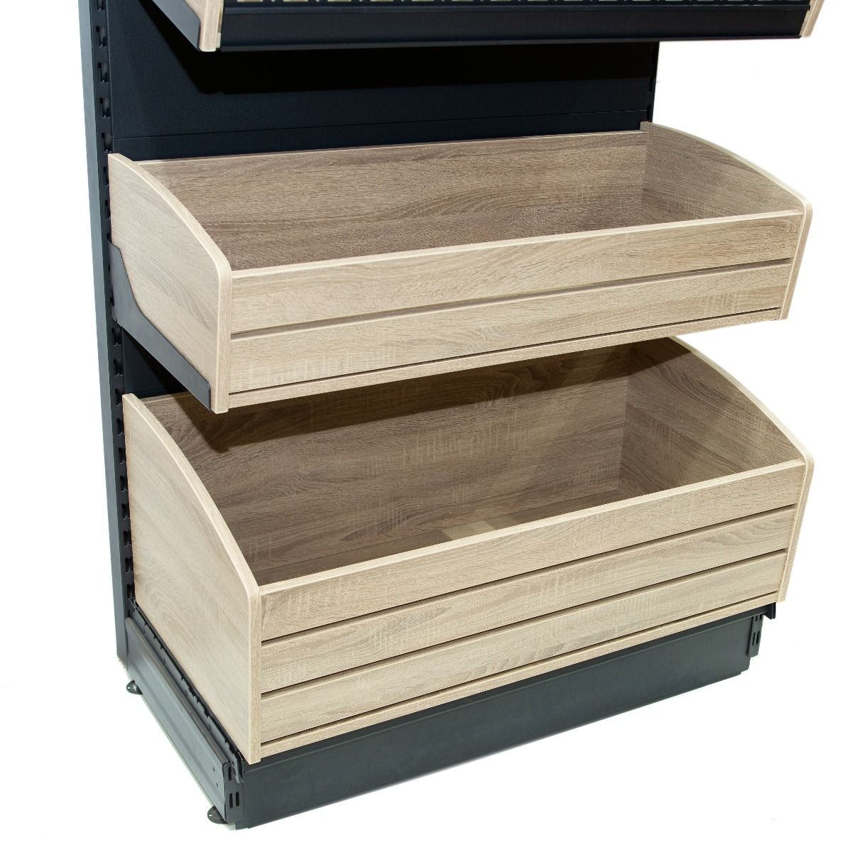 Wooden Bakery Display with Bucket Shelves | Wall Bakery Display