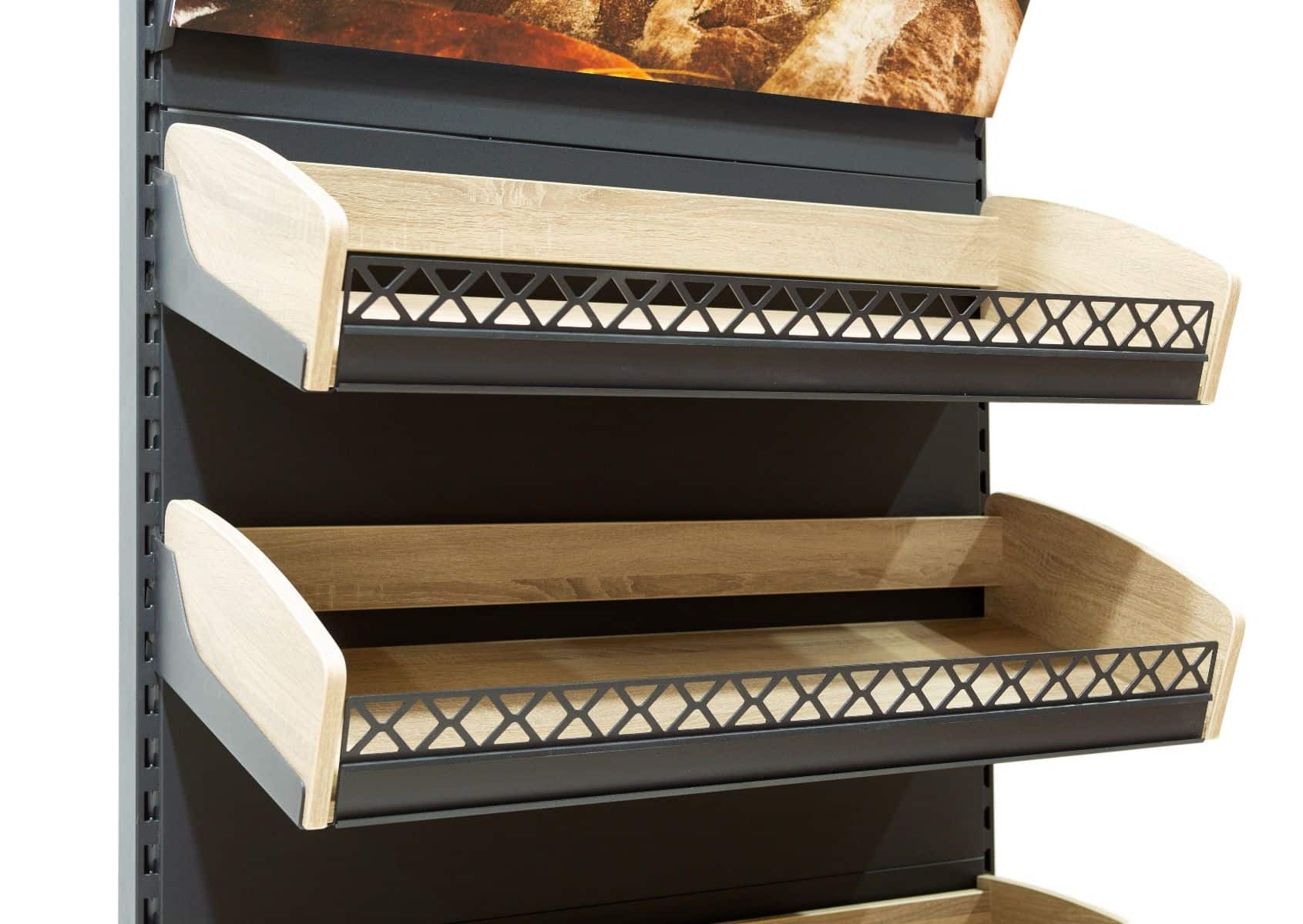 Wooden Bakery Display with Bucket Shelves | Wall Bakery Display