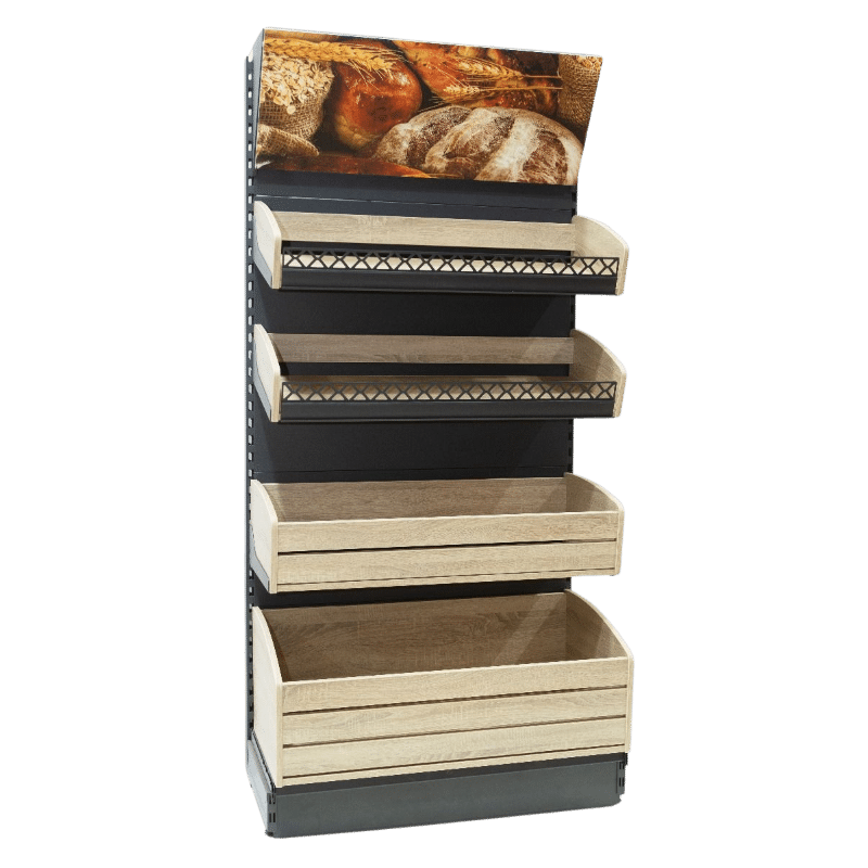 Wooden Bakery Display with Bucket Shelves | Wall Bakery Display - Store Fittings Direct