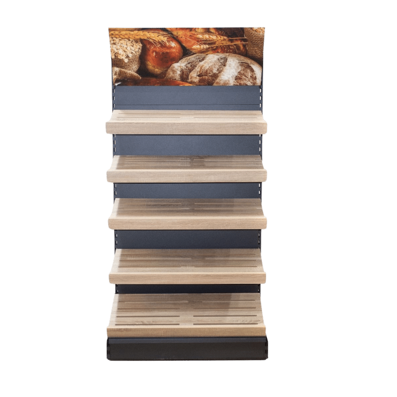 Wooden Bakery Display with Wooden Risers | Wall Bakery Display - Store Fittings Direct